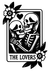 The lovers tarot card with skeletons and flowers