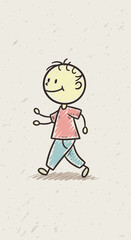 Stick figure of a boy walking with a smile on his face.