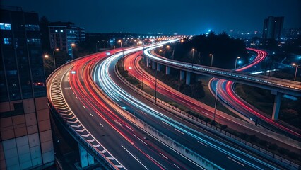 City highway at night with light trails from moving vehicles