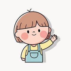 Cute cartoon illustration of a happy child with short brown hair, wearing overalls and waving, in a simple doodle style.