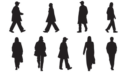 Architectural Drawings fashionable people in motion - walking, turning, and dynamic poses silhouette vector illustration, front view, human person Minimal style hand drawn. 