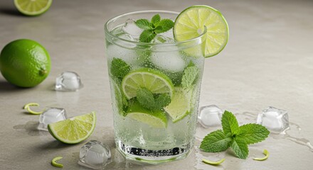 Fototapeta premium Refreshing mojito in a glass, garnished with lime slices and mint leaves, sits on a light gray surface with ice cubes.