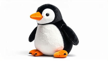 Plush penguin toy with black and white soft fabric orange beak stitched details round stuffed body and huggable design created as a cute children cuddly toy isolated on white background

