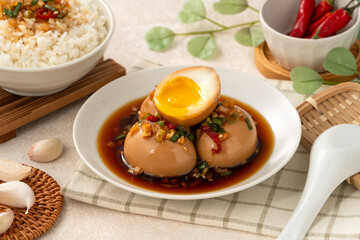 Korean Mayak Eggs in Soy Sauce with Garlic, Onion and Chili