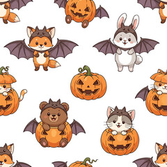 Fototapeta premium Cute Halloween pattern featuring animals in pumpkin costumes and bat wings, seamless pattern, royalty free stock.