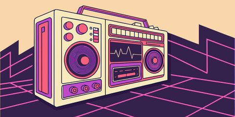 Retro boombox with equalizer and grid background