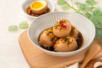 Korean Mayak Eggs in Soy Sauce with Garlic, Onion and Chili