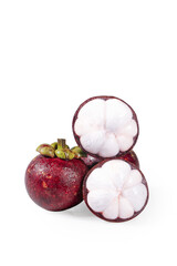Thai Mangosteen Fruit Whole and Cut in Half Isolated on White Background