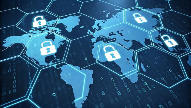 Global cybersecurity network with digital padlocks overlaying world map