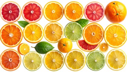 Vibrant citrus slices arranged in a colorful and healthy composition, showcasing the variety of colors and textures of different citrus fruits like oranges, grapefruits, and lemons.