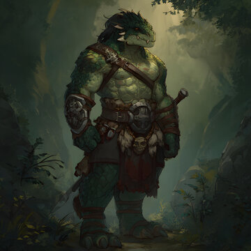 A strong, humanoid lizard-like creature stands in a forest, wearing leather armor and carrying a sword. The figure has green scales and a stern expression.