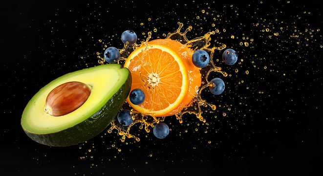 Whole ripe avocado colliding with juicy orange and blueberries  
