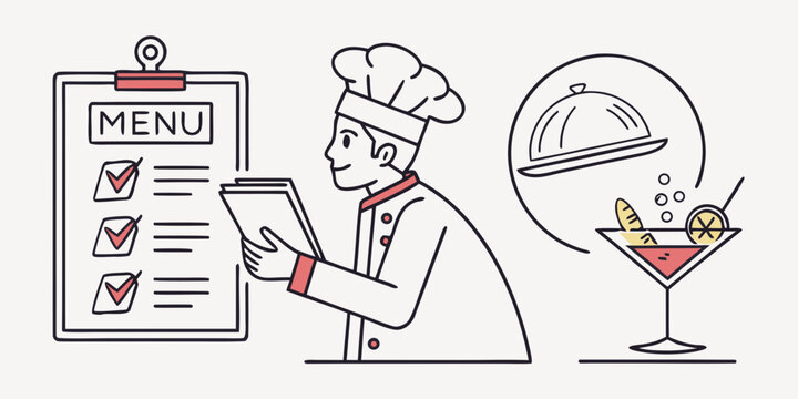 Chef reviewing menu with checklist and cocktail, restaurant theme