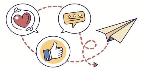 Social media icons connected by dotted line with paper airplane