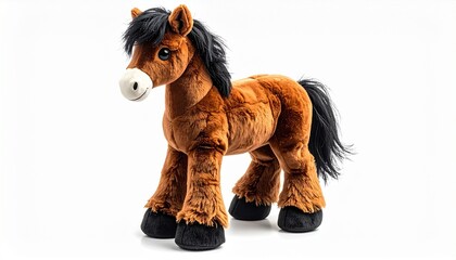 Plush horse toy with brown soft fur stitched eyes black mane stuffed huggable body and realistic design created as a children cuddly animal toy isolated on white background
