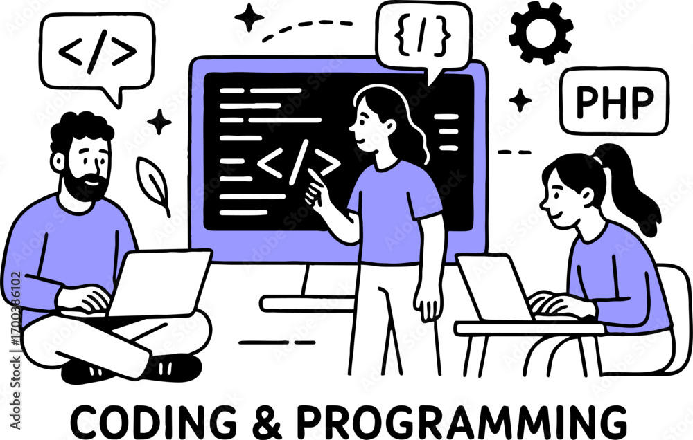 Wall mural web development. programming languages. css, html, it, ui. programmer cartoon character developing w