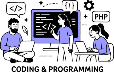 Web development. programming languages. css, html, it, ui. programmer cartoon character developing website, coding. flat illustration banner