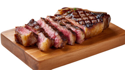 Classic Bistecca alla Fiorentina: a thick-cut T-bone steak grilled to perfection with a rare center. Sliced and served on a wooden board. Isolated.