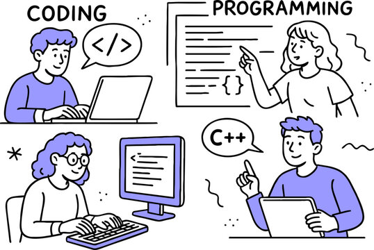 Web development. programming languages. css, html, it, ui. programmer cartoon character developing website, coding. flat illustration banner