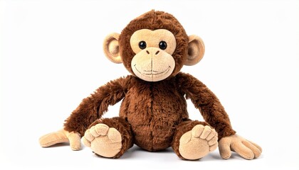 Plush monkey toy with long arms stitched smile soft brown fur cute stuffed cartoon style animal made with cuddly safe fabric for kids isolated on white background
