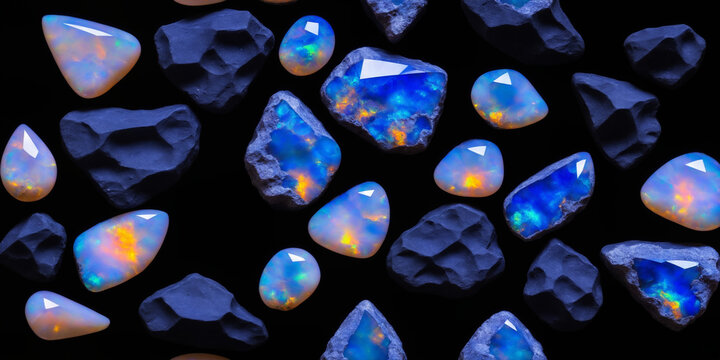 Vividly Colored Opal Gemstones with Unpolished Rocks in Artistic Display