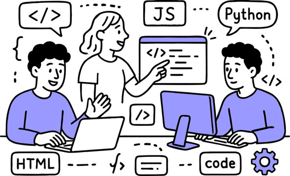 Web development. programming languages. css, html, it, ui. programmer cartoon character developing website, coding. flat illustration banner