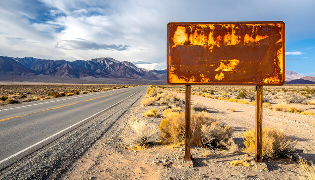 Rusty sign with space for text on a country road and desert landscape with rugged mountains in the background generative AI