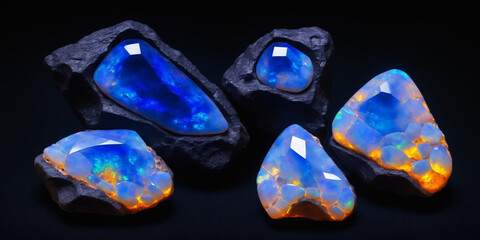 Vividly Colored Opal Gemstones with Unpolished Rocks in Artistic Display