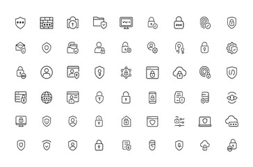 Security and password protection icon set, featuring shield, firewall, encryption, mobile lock, secure cloud, authentication, privacy control, data safety, secure server, network access, cyber defense
