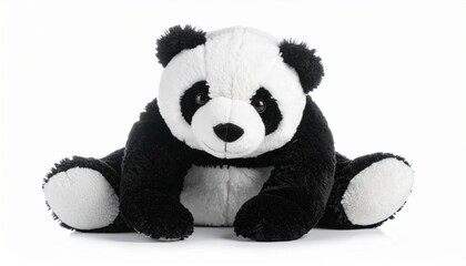 Plush panda toy with black and white fur round ears stitched nose button eyes soft fabric and huggable stuffed body designed as a children cuddly animal isolated on white background
