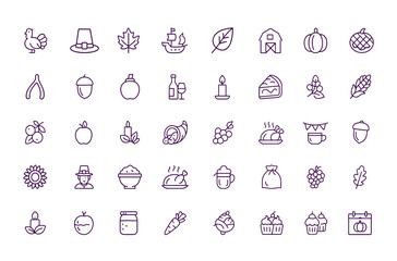Thanksgiving vector icon collection with turkey, pumpkin, pilgrim hat, cranberry, cornucopia, harvest feast, autumn celebration, festive American holiday design, seasonal food illustration