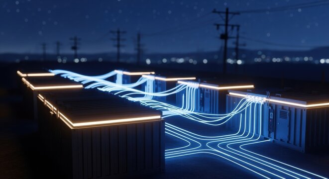 Nighttime shot of illuminated microgrid battery container units with wiring pathways glowing symbolizing continuous power supply.