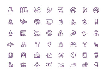 Airplane Travel Cabin Vector Icon Set, Seats, Oxygen Mask, Lavatory, Emergency Exit, Overhead Bin, No Smoking, Mobile Device, Flight Safety, Airline Comfort, Passenger Journey, aviation vector icon