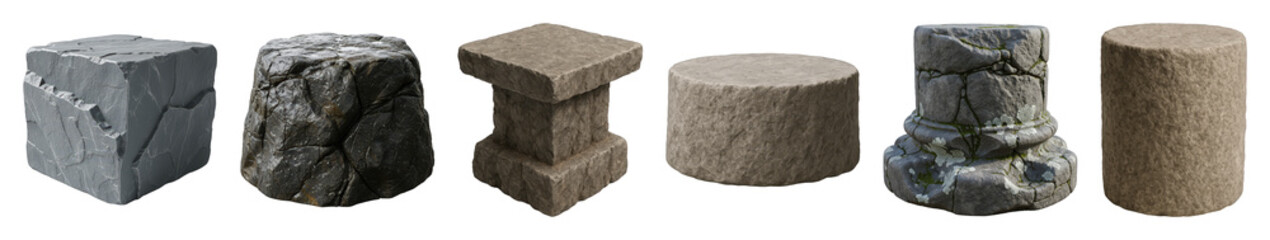 Stone pedestals and rocks set including cubic, irregular, square, cylindrical, and ornate shapes isolated. Product display and natural elements collection.