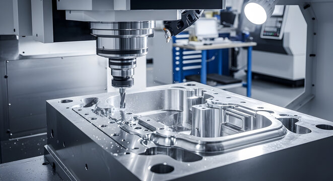 Precise CNC Machining Center Milling Metal Mold in Industrial Factory - Powered by Adobe