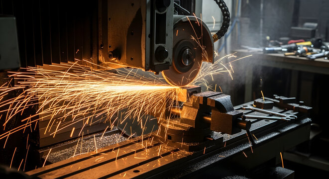 Industrial Circular Saw Cutting Metal with Sparks in Workshop Detail