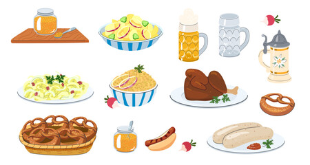Oktoberfest Bavarian food and beer icons with pretzels sausages roast chicken potato salad spaetzle sauerkraut radishes and beer steins