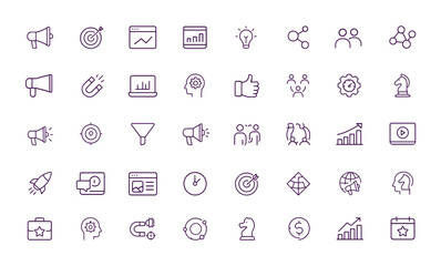 Marketing Digital Icon Set, Vector Illustration, Adjustable Line Weight, Social Media, Campaign, Analytics, Email, Mobile, Video, A/B Test, Optimization, Strategy, Presentation, Branding