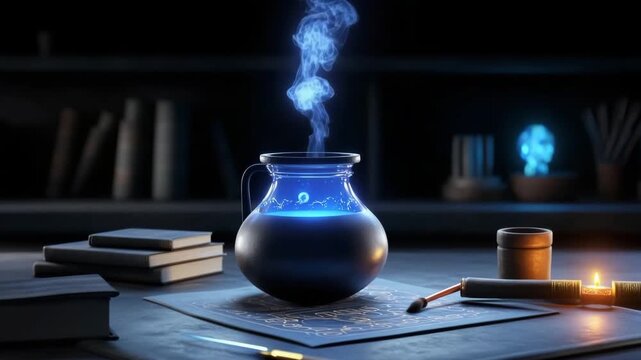 Mystical potion brewing in a dark alchemy lab with glowing blue liquid at night
