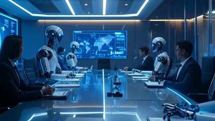 Futuristic boardroom meeting with humans and robots for business collaboration - Powered by Adobe