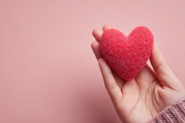 Fototapeta premium A delicate, textured, red heart rests gently in a hand against a soft pink background.