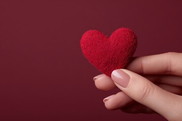 Fototapeta premium A delicate, red felt heart rests gently in a hand against a deep maroon backdrop.