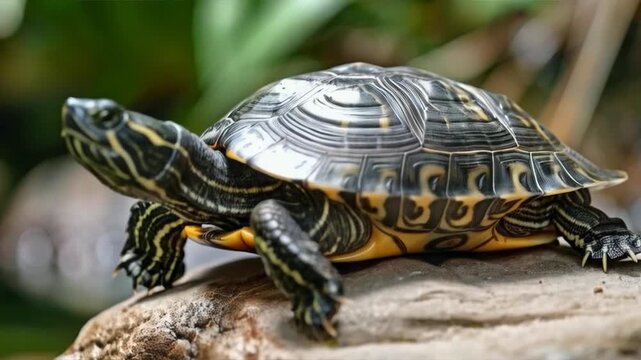A turtle with bright patterns on its shell sits on a rock Suitable for articles about nature, ecology, animal life, educational materials about turtles, as well as for designing websites about wildlif