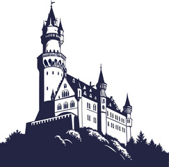 Obraz premium A whimsical fairytale illustration of a medieval castle with a towering flag on a hill in the sky