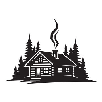 Cabin in the Woods Silhouette with Smoke and Pine Trees