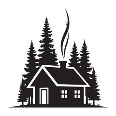 Obraz premium Cabin in the Woods Silhouette with Smoke and Pine Trees