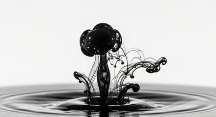 Black ink dropping into water creates a unique, abstract, flower-like shape with ripples spreading across the surface.