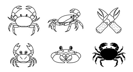 Various crab outlines showcasing different designs and perspectives in black and white