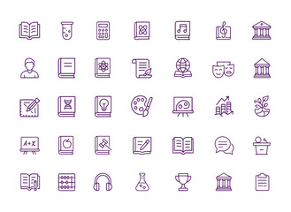 Education Books Icons, Academic Subjects Vector Set, Learning Tools Line Art, Science, Math, Literature, History, Geography, Music, Curriculum, Student, Textbook, Syllabus, Study, Illustration