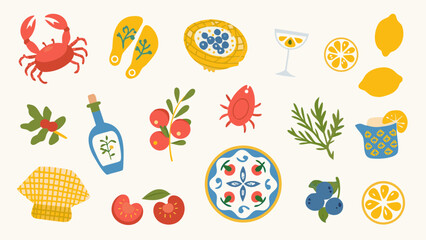 Collection of mediterranean inspired food and drink icons